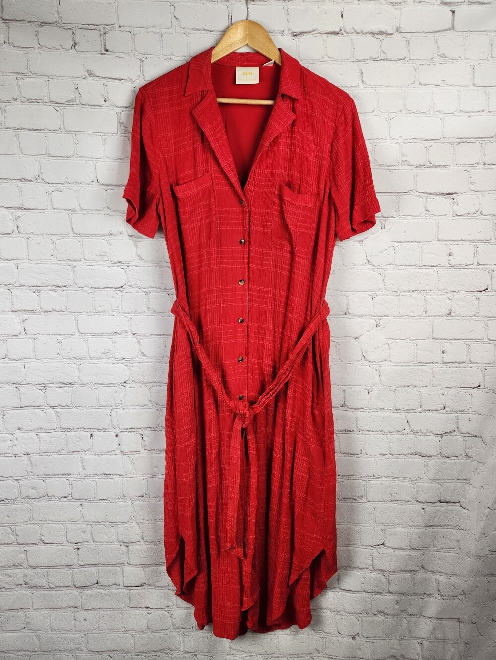 Anthropologie Maeve Red Button Up Shirt Dress with Tie Waist